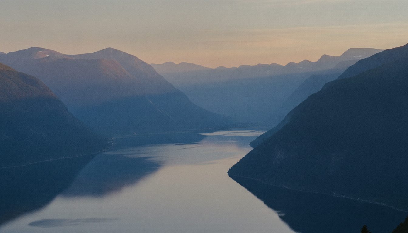 A Norwegian fjord under the midnight sun, ridges fading into warm haze